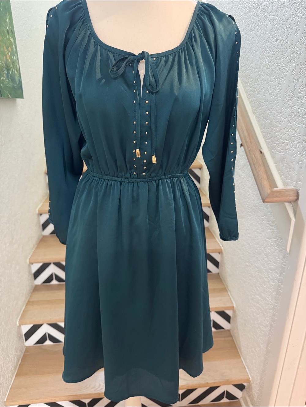 Long-Sleeve Teal Tie-Neck Dress with Gold Stud Detail